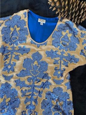 Tracy Reese Neiman Marcus Blue Sequin Floral Scoop Neck Top
